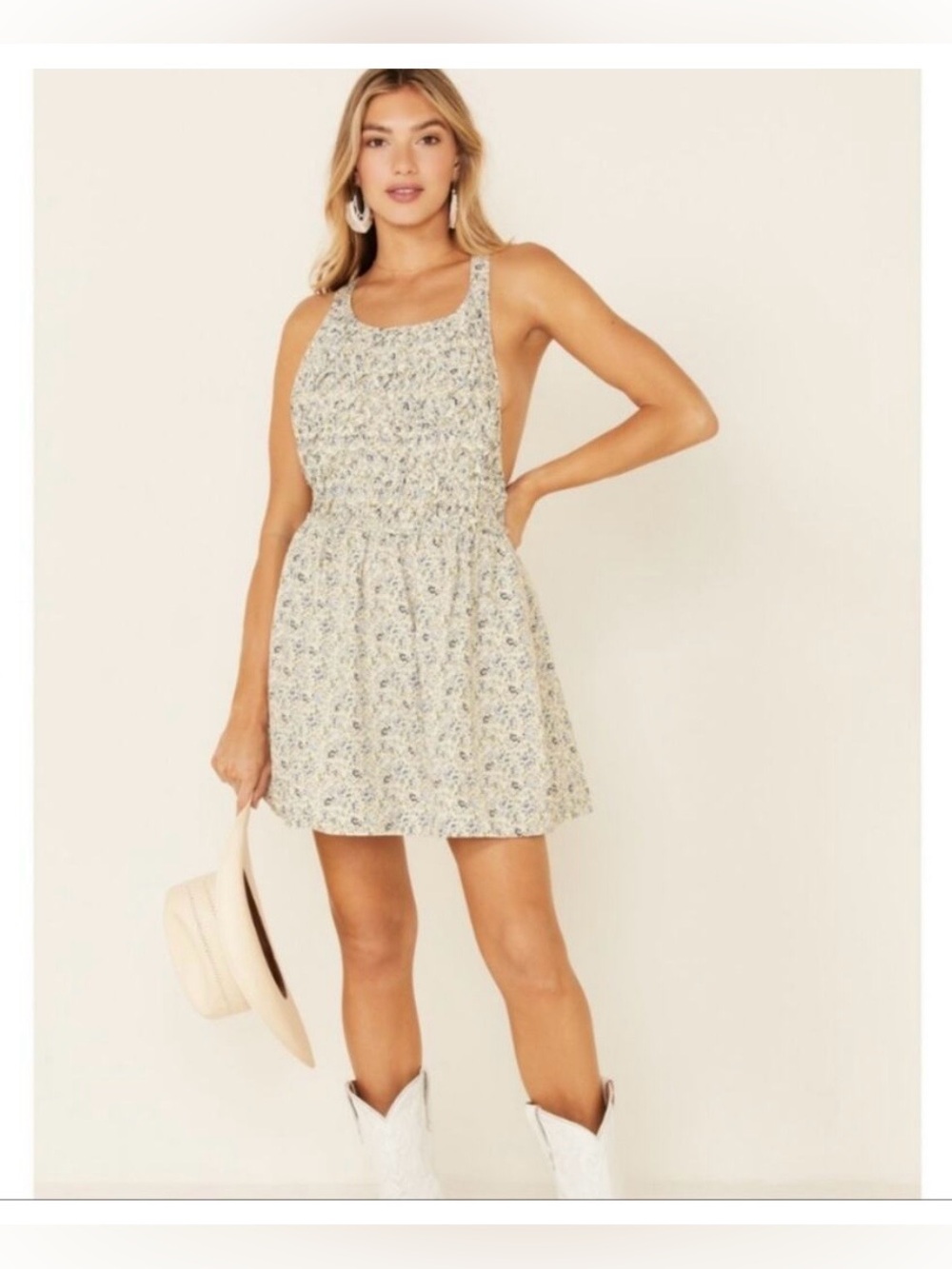 Free People Cream Floral Smocked Mini Dress
